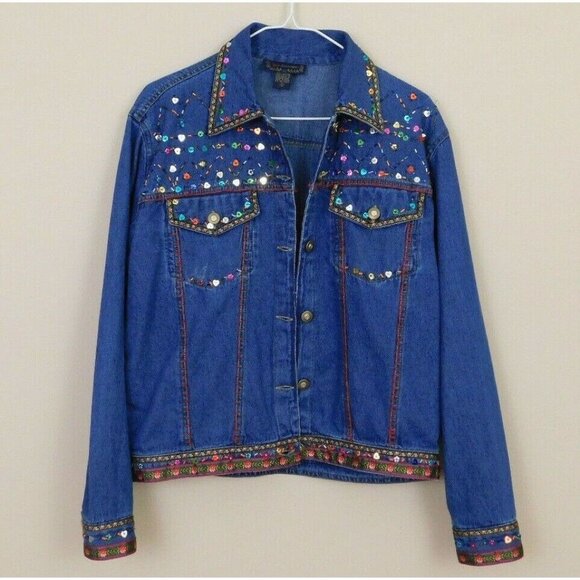 New Direction Womens Dark Wash Denim Jacket Bead Sequin Embellished Size Small - Picture 1 of 8